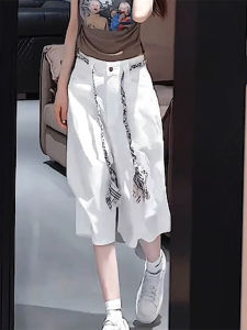 Shalldoer | Fashionable High Waist Slim Straight Five-Quarter Pants Womens Wide Leg Trousers Summer Belt Design Casual Loose Fit