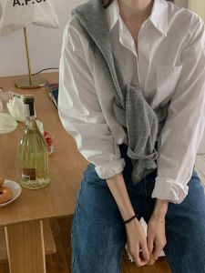 White Cotton Shirt Womens Loose Style Korean Version Spring Autumn New Outerwear Shirt Long Sleeve Button Pocket POLO Collar