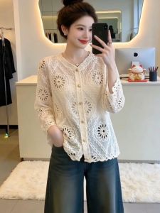AIYITI | New Lace Embroidery Cotton Linen Blouse for Plus Size Loose 3/4 Sleeve