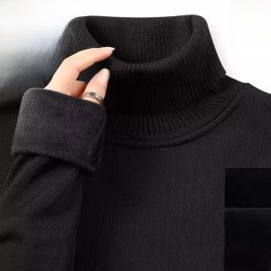 Mens High Collar Fleece Lined Thickened Long Neck Sweater Autumn Winter Fashion Urban Style Youth Casual Long Sleeve Crew Neck