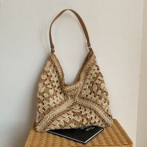 Popular Womens Woven Straw Shoulder Bag Medium Size Handbag With Handle For Beach Vacation