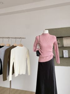 2024 Fall and Winter New Arrival K-style Silm Solid Color Versatile Slim-Fit Half-High Collar Long Sleeves Knitting Bottoming Shirt Tops Women