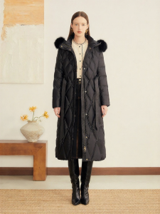 Shimmering Satin Fox Fur Collar Gradual Quilted Hoodie Down Jacket