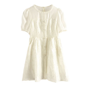 Heavy Embroidery round Neck Bead Flower Button Dress Summer Season Womens Clothing Classic Style Casual Comfortable Dress