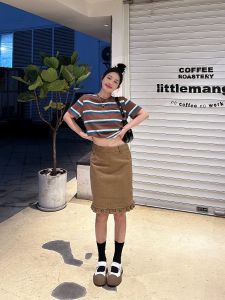 Retro Corduroy Womens Mini Skirt High Waist Design Spring Summer 2024 New Style Floral Lace Hemline Bodycon Straight Cut