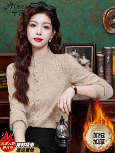 Thickened Fleece Long Sleeve Lace Shirt Womens Inner Wear Korean Style Straight Cut Commute Fashion Polyester Blend Cardigan