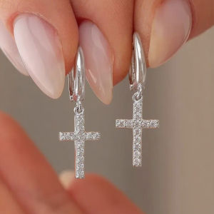 Fashion Christian Jesus Cross Rhinestone Pendant Earrings Gold Plated Small Hoop Earrings For Women Jewelry Gift