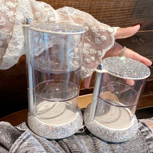 Diamond Embedded Dustproof Makeup Storage Box Powder Compact Lipstick Beauty Blender Organizer High Aesthetic Value Desktop Decor