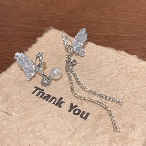 ต่างหูคริสตัลไข่มุกทรงผีเสื้อแบบยาว S925 สำหรับผู้หญิง ต่างหูคริสตัลไข่มุกสีน้ำเงิน ต่างหูแบบผีเสื้อแบบยาว แฟชั่นฤดูใบไม้ผลิและฤดูร้อน