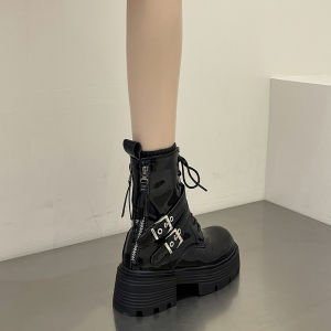 Double ซิป รองเท้าบูทมาร์ตินมอเตอร์ไซค์รองเท้าบูทสั้นด้านล่างหนา สไตล์อังกฤษ ผู้หญิง รองเท้าบูทแฟชั่น ฤดูใบไม้ผลิ ฤดูใบไม้ร่วง สินค้าใหม่