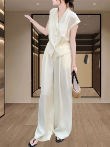 Shalldoer | Fashionable Ageless Womens Summer Outfit Set Pure Color Sleeveless Shirt Wide Leg Pants Two Piece Casual French Style Ensemble