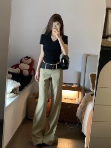 Khaki Straight Leg Floor-Length Suit Pants Womens Low Waist Drapey Loose Slimming Trousers Long Trousers Commute Style