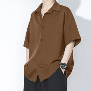 Shirt Mens Summer Ice Silk Short-Sleeved Drapey High-End Loose Casual Solid Color Shirt for Men