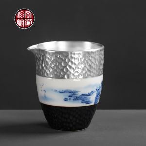 Silver Glazed Ceramic Public Cup for Tea Ceremony Japanese Style Blue And White Porcelain Fair Tea Cup for Home Use Gongfu Tea