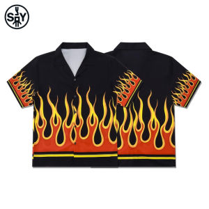 S&Y American Style Short Sleeve Cuban Collar Shirt Mens Spring Summer Vintage Shirt OOTD Match Flame Print Loose Fit Polyester Fiber