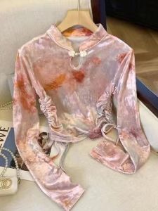 Elegant Chinese Style Long Sleeve Velvet Top Womens Autumn Winter Slim Fit Shirt with Pleats And Button Detailing T-Shirt