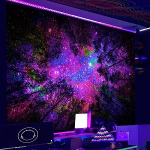 VIKAMA Fluorescent Tropical Shoreline Palms Crescent Stars UV Glow Tapestry Hallucinogenic Wall Decor Accent Soft Durable Cozy