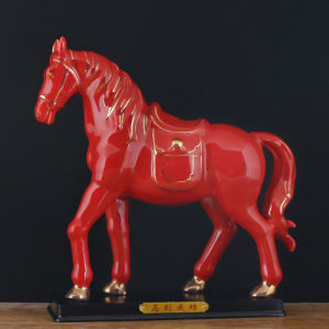 Red Ceramic Horse Statue for Office Living Room Decor Handmade Craft Gift for Business Success and Office Moving
