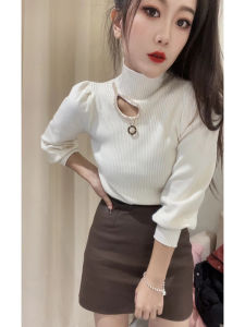 Womens Knitted Long Sleeve Half High Collar Base Shirt Autumn Winter New Style Hollow out Bead Design Faux Fur Inner Wear Top