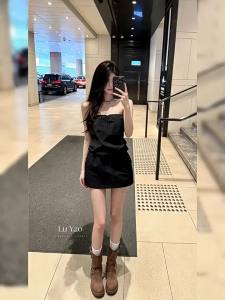 NIUVIES | Đầm Dây Đen Phối Nơ Dạng Corset Dáng Đẹp và Giảm Cân