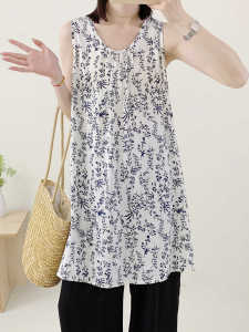 Summer 2025 Womens Fashion Slimming Versatile Large Size Artificial Cotton Sleeveless round Neck Vest Dress Midi Length Top