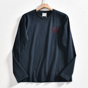 Washed Pure Cotton Long Sleeve round Neck T-Shirt Mens American Retro Style Autumn New Fashion Youthful Vitality Embroidery
