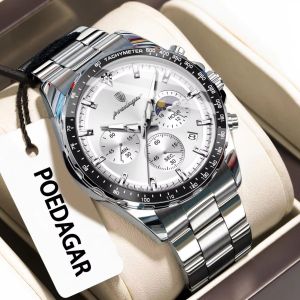 POEDAGAR Fashion Brand Man Wristwatch Waterproof Stainless Steel Luminous Men Watch Chronograph Date Luxury Quartz Mens Watches