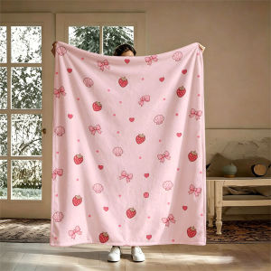 BILIBILI | Pink Strawberry Bow Flannel Blanket Perfect for Sofa Office Bed Travel Sleep Read Relax Camping Four Season Use