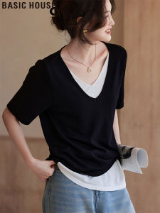 Basic House Womens Short Sleeve V-Neck Knitted T-Shirt Summer 2025 Commute Style Loose Fit Polyester Blend Casual Top