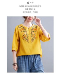 GanLai Women T Shirt Loose Ethnic Style Top Summer T Shirt New Slimming Shirt Elegant Design Sense Women Clothing Short Sleeved Printed Summer Top女复古V领短袖上衣刺绣套头镂空衬衫夏季上衣
