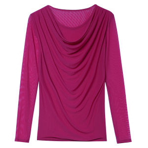 Womens round Neck Base Shirt Thin Mesh Long Sleeve T-Shirt Spring Autumn Seasonal Fashion Street Style Standard Fit Silk Fabric