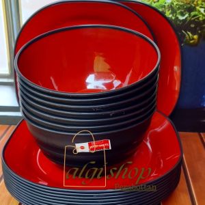 12Pcs Ramen seat isi 12Pcs 6Piring ramen campur 6mangkuk bulat ramen hitam merah ulir bebas BPA