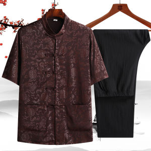 New Arrival Mulberry Silk Tang Suit Mens Short Sleeve Suit Chinese Style Summer Dad Suit Old Mans Birthday Birthday Grandpa Clothes