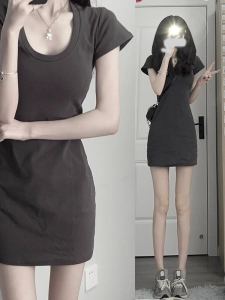 Slim Fit Midi Length Short Sleeve round Neck Pleated T-Shirt Women Summer Small Size Pure Color Arm Covering Dress Casual Commute Style