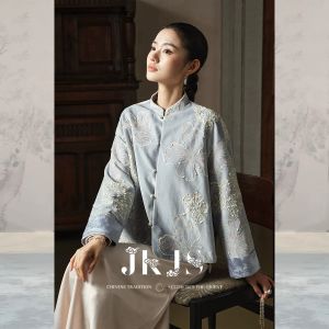 JK＆JS | Áo khoác nhung Trung Quốc hiện đại cho nữ với thêu toàn thân và khuy tàu