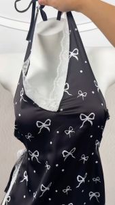 MIMI SHOP ชุดนอน ชุดนอนผ้าซาติน ชุดนอนกระโปรง ⛳ ผูกคอหลัง มีสายรัดหลัง M-099