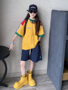 Loose Girls T-shirt Short Sleeve Summer Childrens Top American Hip Hop Street Dance Two-Piece Set for Girls Age 6-11