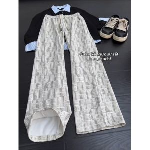 CHENMU | Quần Sọc Lụa Băng Retro Mát Mẻ Hè Thoáng Khí Phối Màu Dập Nổi Dài Thẳng Phong Cách Thường Ngày