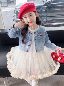 2023 Spring and Autumn Womens Little Kids Suit K-style Little Girl Tutu Yarn Skirt Lace Denim Clothing Two-piece Set Western Style