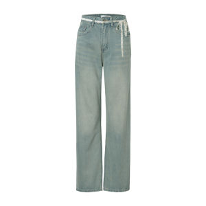 Kroche Romantic Lace Belted High Waist Straight Leg Casual Jeans Long Pants Womens Premium Fashion Denim Wear Resistant