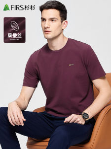 10% Mulberry Silk round Neck Short Sleeve T-Shirt Mens Summer New Wine Red Father Wedding Banquet Top Business Casual Modern Style