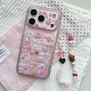 Sanrio | Cute Translucent Pink Hello Kitty Stickers Shockproof Phone Case For iPhone 17 16 15 14 Pro Max Girl Anti Drop Hand Chain Cover