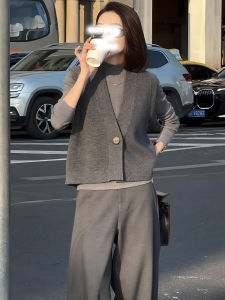 เสื้อกั๊กถักคอวีสีเทาฤดูใบไม้ผลิสำหรับผู้หญิง แขนกุดหลวมๆ ชั้นใน ทรงสเวตเตอร์ เสื้อคลุมแบบสวมหัว สไตล์เกาหลี