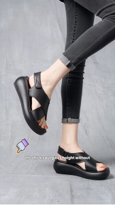Womens Wedge Sandals Leather 5cm Muffin Bottom Cross-Strap Retro Style Roman Sandals