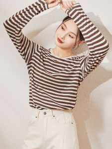 Early Spring Japanese Style Womens Long Sleeve Base Shirt Inner Wear Commute Stripe Top Ladies T-Shirt Casual Comfortable