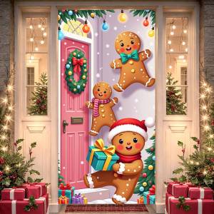 Gingerbread Christmas Banner Colorful Lights Holiday Backdrop Snowflake Pattern Xmas Background for Christmas Party Home Decorat