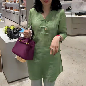 UYFY | Elegant Chinese Style Button Design Mid-Length Slit Shirt Women Summer Plus Size Thin Green Top Casual Loose Fit Polyester Fiber
