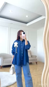 NANDO ATASAN KEMEJA OVERSIZED DENIM BKK BORDIR BUNGA TANGAN KARET KEMNA JUMBO FASHIONABLE