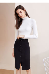 กระโปรงยาวปานกลางถักเข้ารูปสุดสง่างามสำหรับผู้หญิงในฤดูใบไม้ผลิ 2024 กระโปรงทรงเอเอวสูง ผ้าผสมโพลีเอสเตอร์และไนลอน