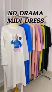 Priskila Cell NO DRAMA MIDI DRESS Long Tunik Terbaru REALPICT Size S M L XL XXL / 2XL Jumbo Bahan KAOS KATUN COMBED 24S APLIKASI SABLON Midi Dress Wanita Bergambar Outfit Kasual Kekinian Ukuran Remaja Tanggung Gamis Kaos Tebal Adem Terlaris